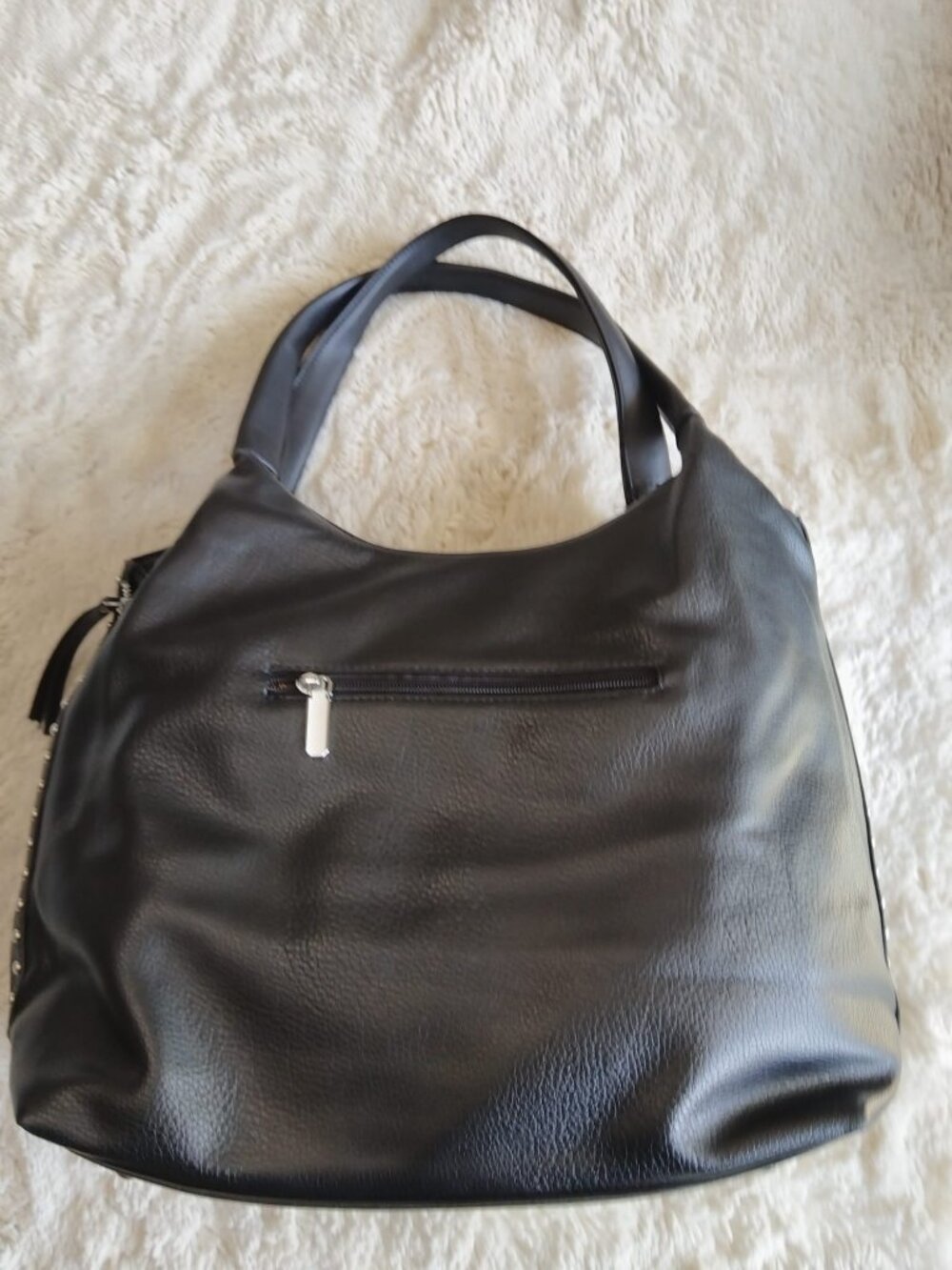 Black Pebble Leather Studded Hobo Bag Shoulder Tote Zipper Accents Edgy Rocker - Picture 12 of 12